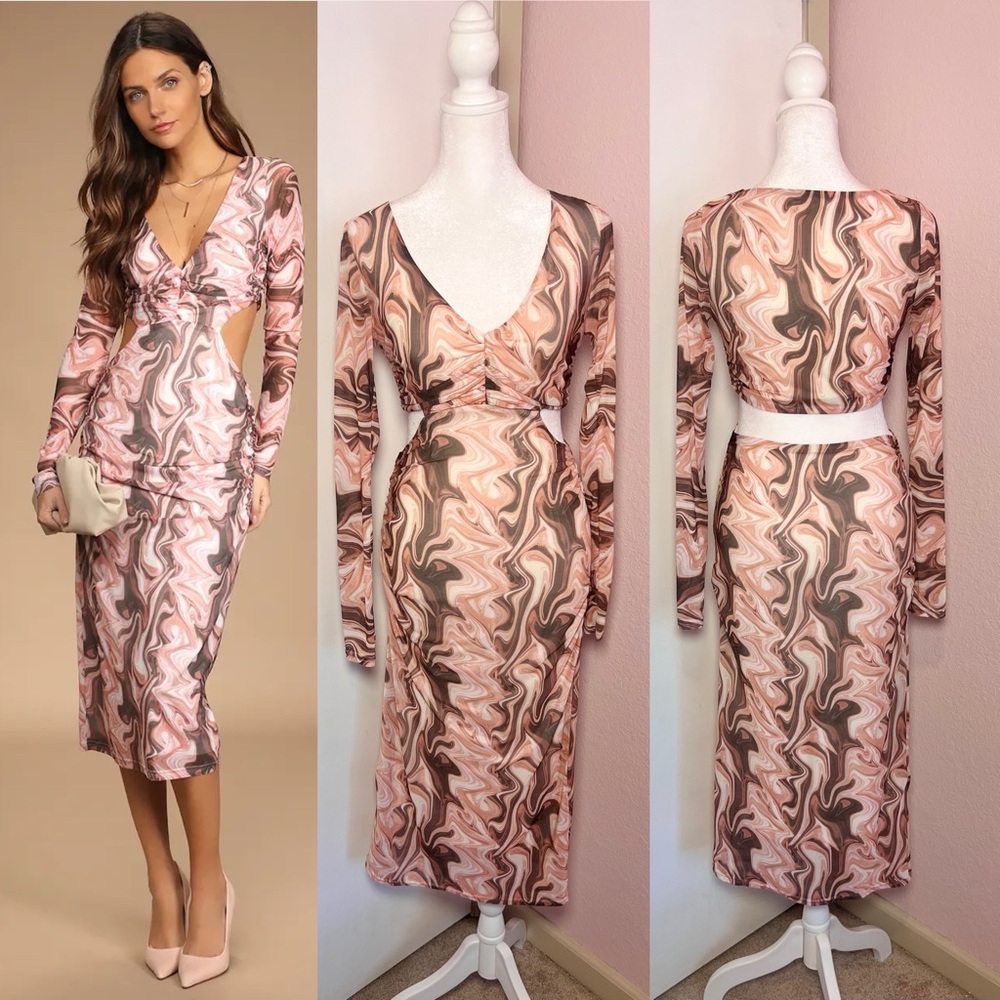 Swirl Power Pink Multi Print Cutout Long Sleeve Midi Dress from Lulus